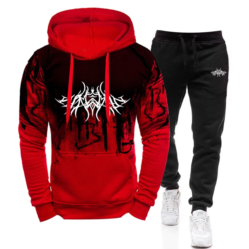 Mens Tracksuit Splash-ink Hooded Sweatshirt Casual Trousers Running  Suit Men Sports Two-piece Set Male Fashion Jogging Clothes