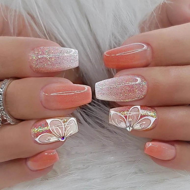 24枚入り ホワイトグリッターフレンチフェイクネイル ミディアムバレエコフィン つけ爪 グロッシーブラック シンプルフルカバー スイートクール 付け爪