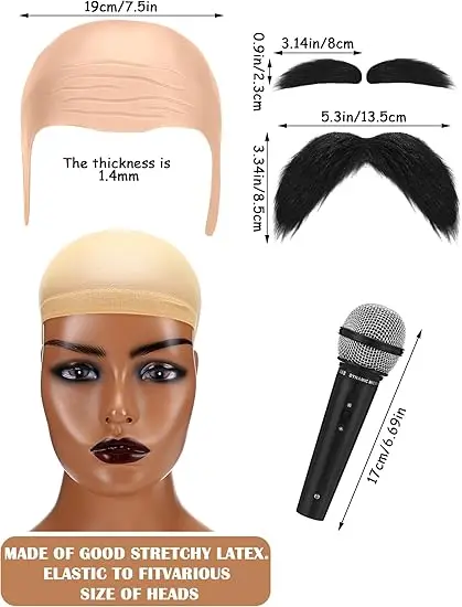 New Bald Cap Halloween Costume Accessories Set with Fake Beards and Tie for Women Men Dress Up Accessories