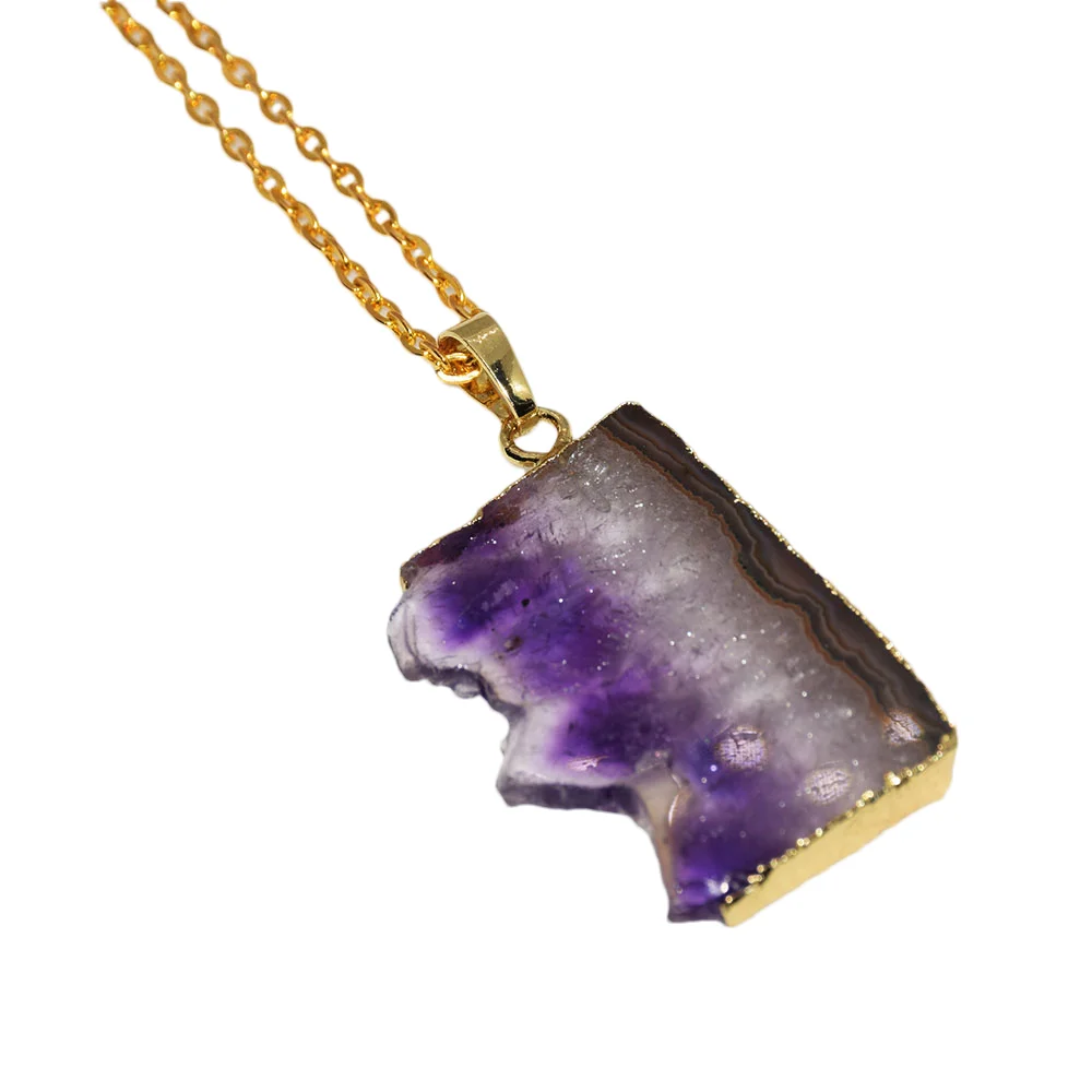 Raw Crystal Chain Necklace with Purple Amethyst  Jewelry Slice Geode Druzy stone pendant for women 2023 rectangle Gift