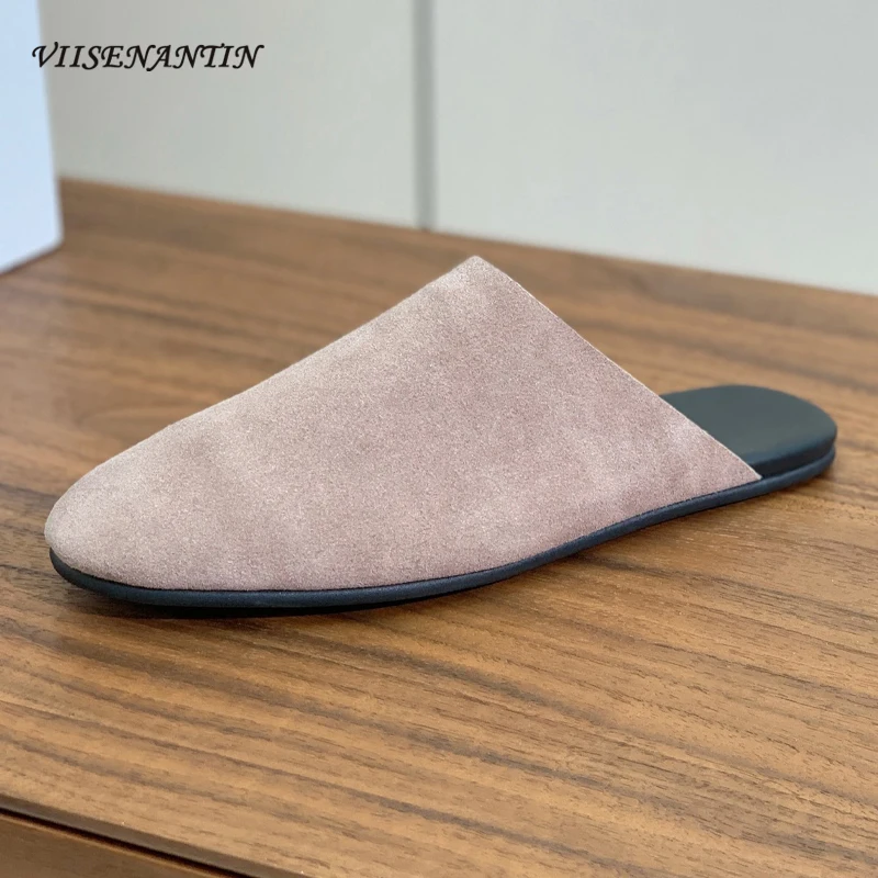 

Autumn New Concise Half Slipper Women Suede Leather Round Toe Flat Heel Mules Slides Females Outdoor Leisure Cozy Women Slippers