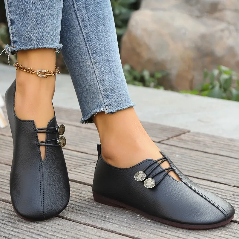 2025 zapatos de mujer de PU de verano nuevos zapatos antideslizantes de Color sólido para mamá zapatos planos de mujer zapatos casuales de moda para mujer