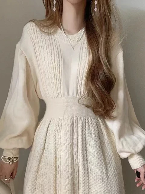 

Korean Sle V-Ne Lantern Sve Knitted Patchwork Corduroy Dr Women's Retro Mid-Length One-Piece Autumn Faion Dr