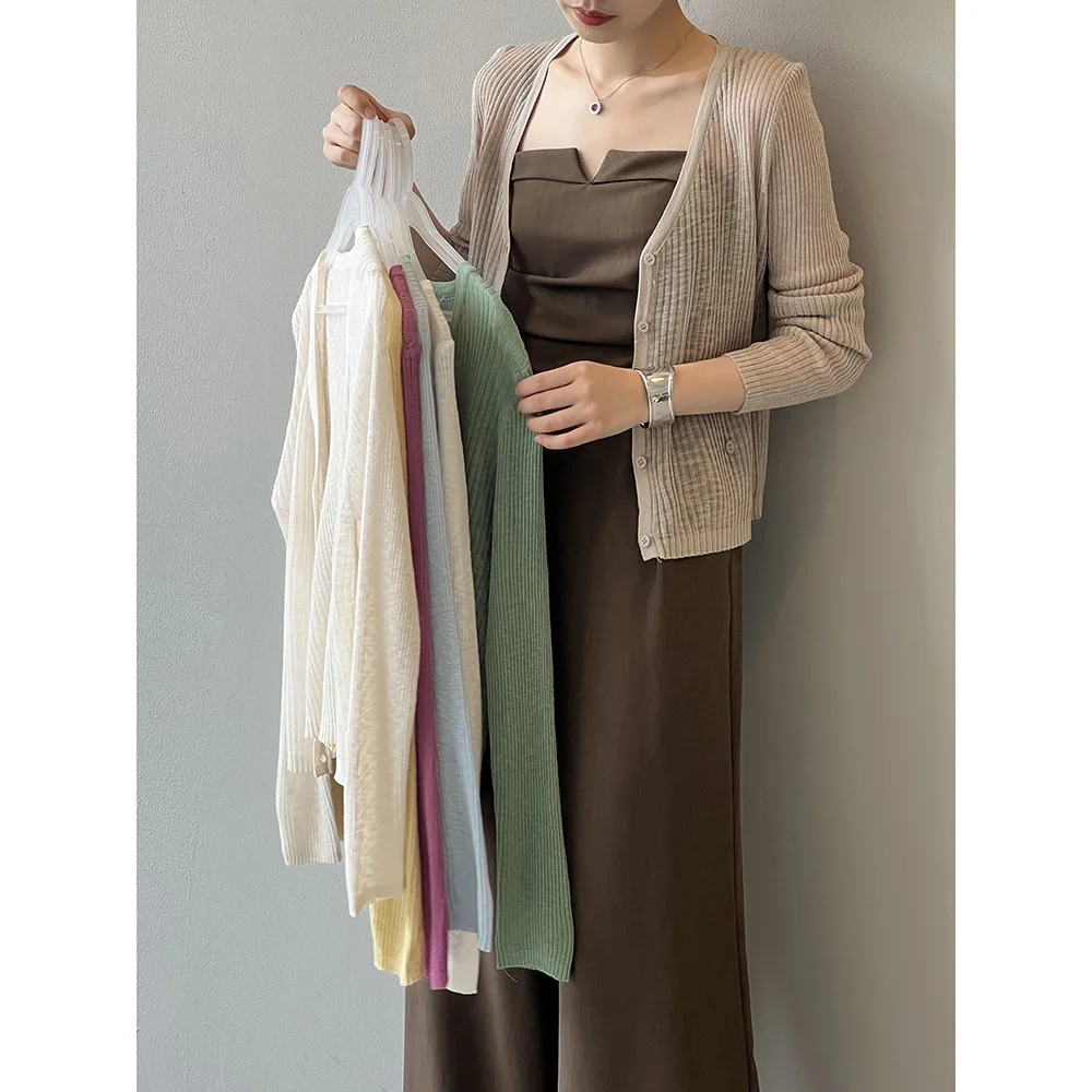 

Женская одежда, универсальный легкий вязаный кардиган, Новинка лета 2024, модный однотонный Простой повседневный Простой Топ с завышенной талией