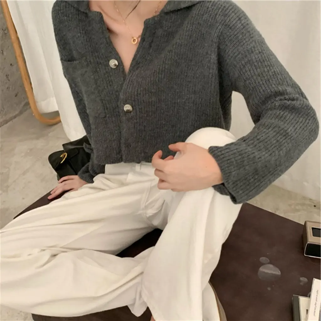 

Осенний женский короткий топ в корейском японском стиле, коричневый мягкий вязаный свитер, кардиган, куртка для женщин