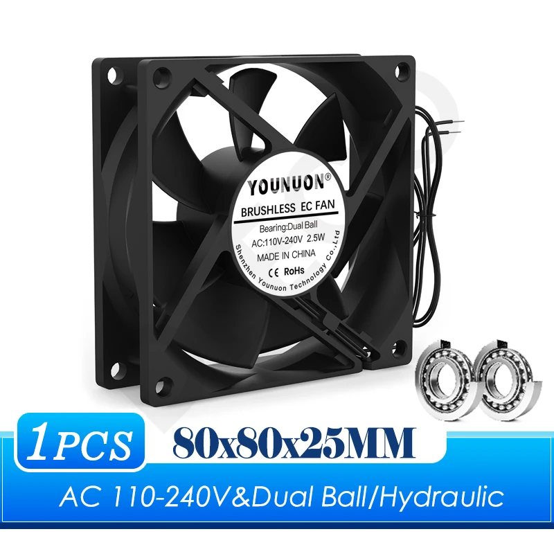 YOUNUON  80X80X25MM AC110V-240V Desktop 2 Wires FAN Hydraul Dual Ball FAN Axial for Server Rack Industrial Case Cooling