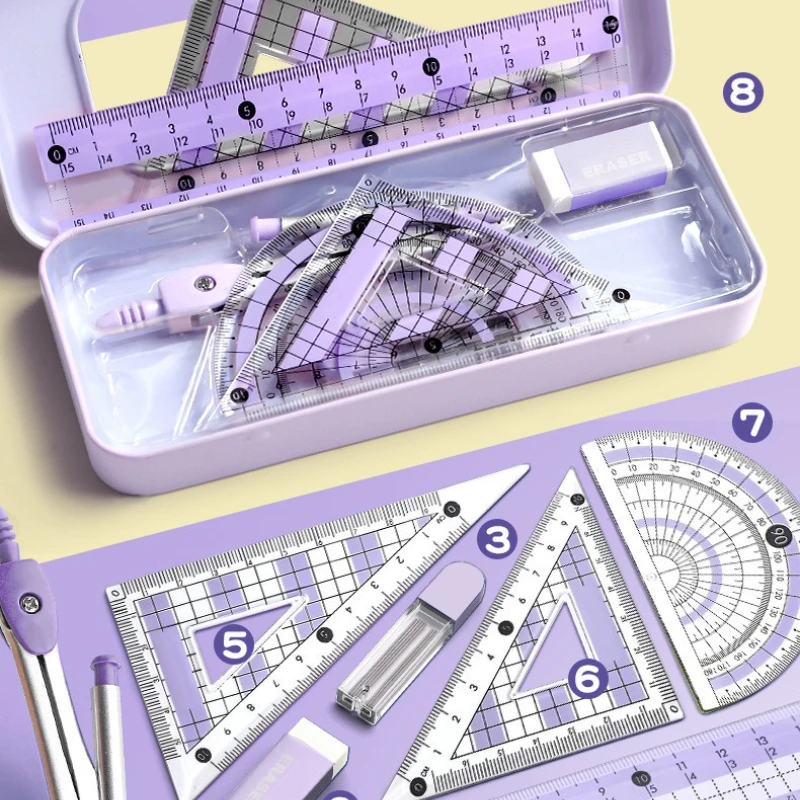 8-piece Set of Practical Stationery, Compass Ruler Set, Multi-functional Stationery for Primary School Students To Learn
