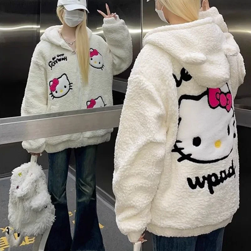 Sanrio Hello Kitty Lamb Wool Zip Up Coat Sweater For Women Winter Cute Thickened Japanese Harajuku Hoodie Y 2k Girls Sweatshirt