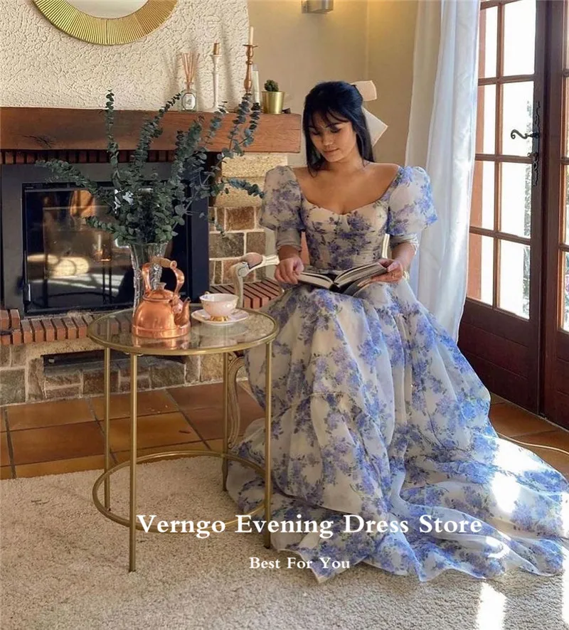 Verngo Vintage Printed Silk Evening Dresses Puff Short Sleeves Tiered Princess Gilrs Formal Party Dress Korea Prom Gowns