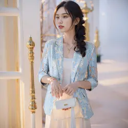 Size 6XL Lace Suit Jacket Female 2021 Autumn And Summer Temperament Sunscreen Hollow Blue Ladies Blazer Women Tops Elegant