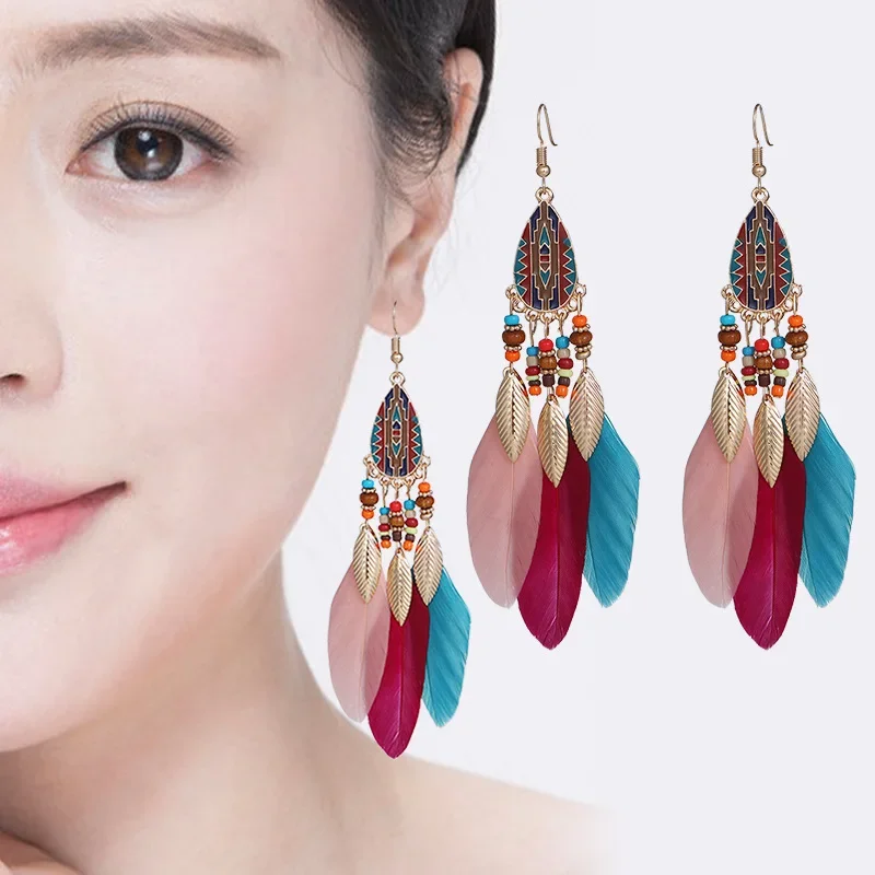 

Ethnic Long Feather Drop Earrings For Women Bohemian Tassel Handmade Beads Leaf Dangle Earring Lady Elegant Party Jewelry