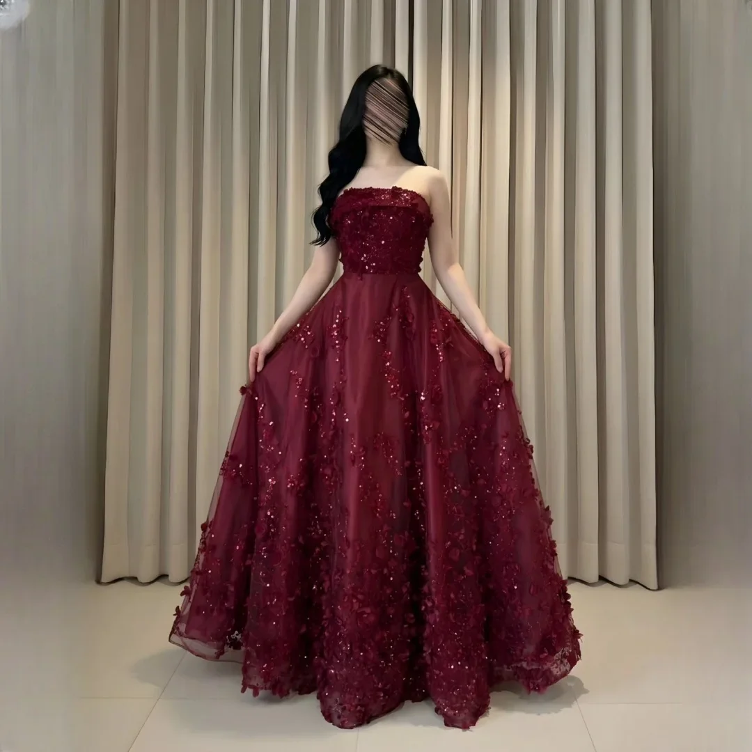 Image of EDECPBM Tüll Trägerloses Burgunderrotes Ballkleid Abendkleid 2026 Ballkleid mit 3D-Blumen Elegantes Partykleid Maßanfertigung 2026 Neu