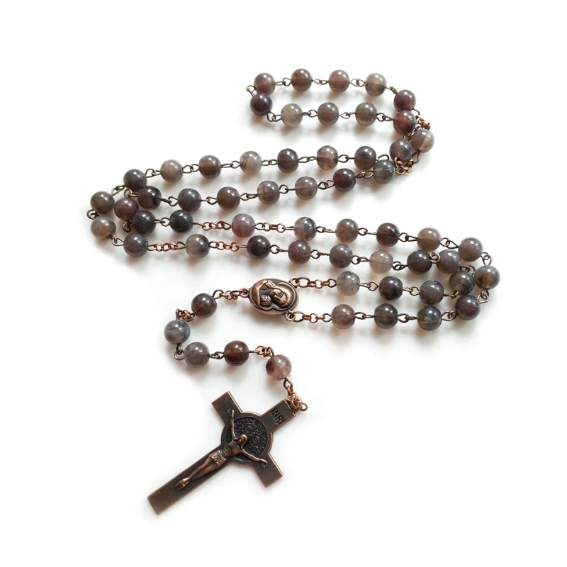 QIGO Vintage Long Round Acrylic Beads Strand Cross Rosary Necklace For Men Women Gray Catholic Jewelry