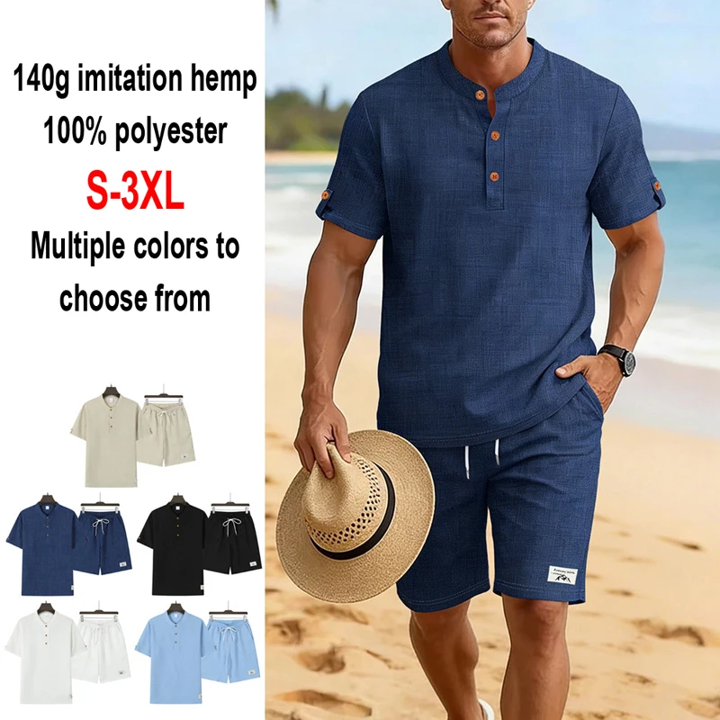 Conjunto de camisa Henley y pantalones cortos para hombre, con apariencia de lino y poliéster, cuello alto, con botones, informal, transpirable, para verano y playa, conjunto de 2 piezas.