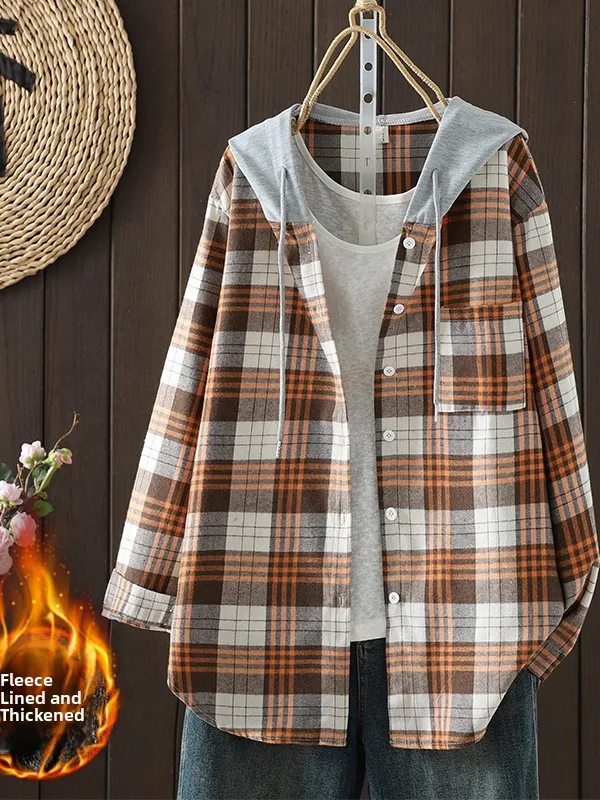 Talla grande de moda suelta larga Sve con capucha a cuadros irt Jaet mujeres Thiened cárdigan abierto falso de dos piezas irt Jaet otoño...