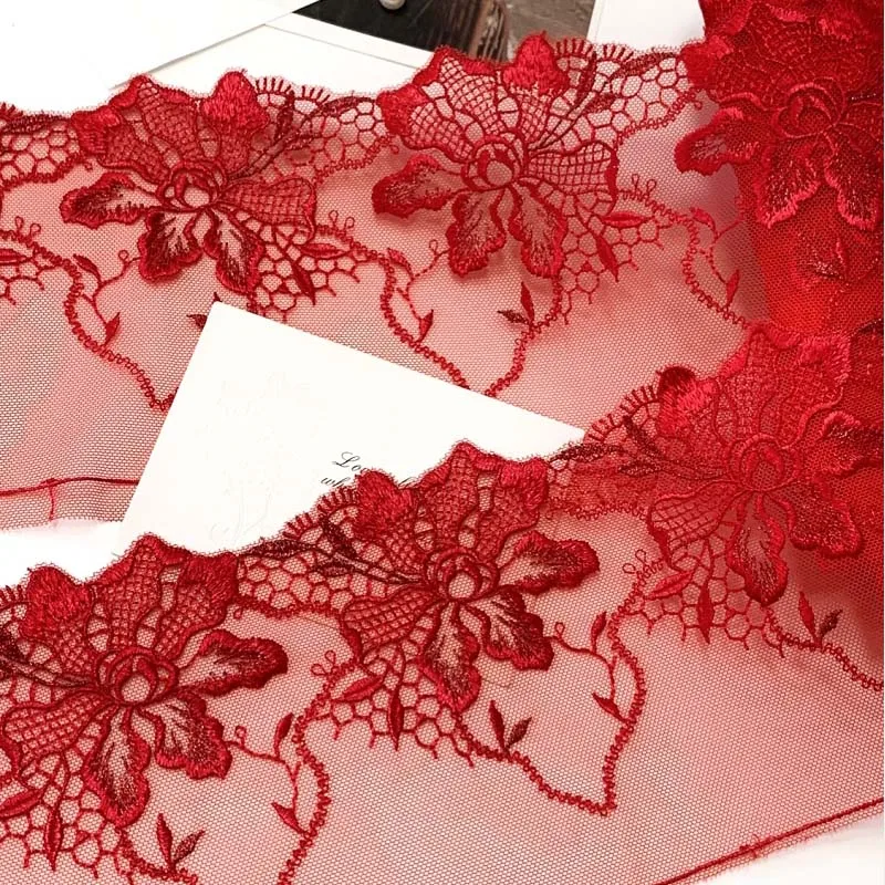 

30Yards Embropidery Red Floral Tulle Mesh Lace Fabric for Party Wedding Dress Curtians Decor Fringe Trim Supplies