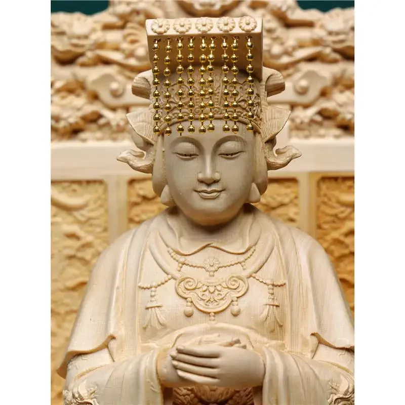 

L19- cypress wood fine carving Mazu Lin Mo Niang statue ornament Poseidon Empress home decoration entrance offering handicrafts