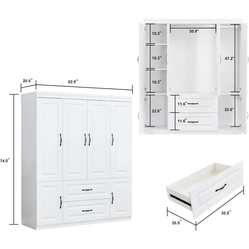 4 Doors Classic White Large Freestanding Wardrobe Armoire Wooden Closet Cabinet with Hanging Rod & Shelves Bedroom Clothes