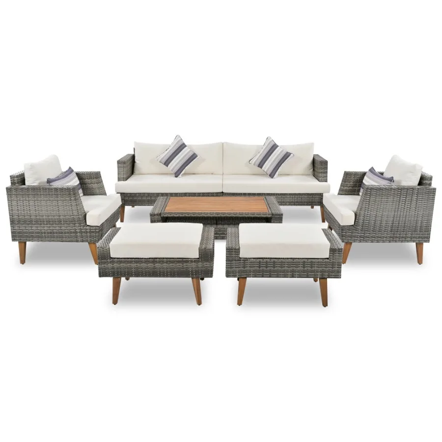 

GO 6Pieces All Weather PE Wicker Sofa Set Outdoor Rattan sofa With Double Cushions Wood Legs Wood Table Top Beige and Gray