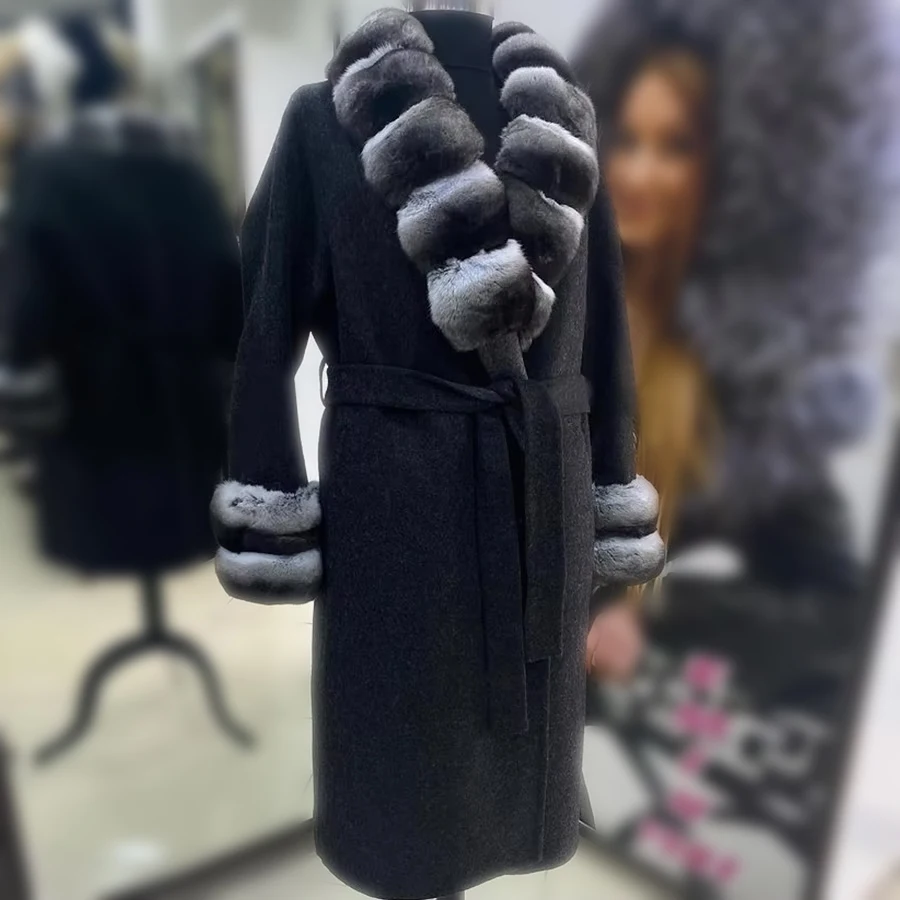 

Real Fur Coat Women's Woolen Winter Coat Wool Jacket Long Real Rex Rabbit Fur Collar Cuffs Cashmere Winter Jacket