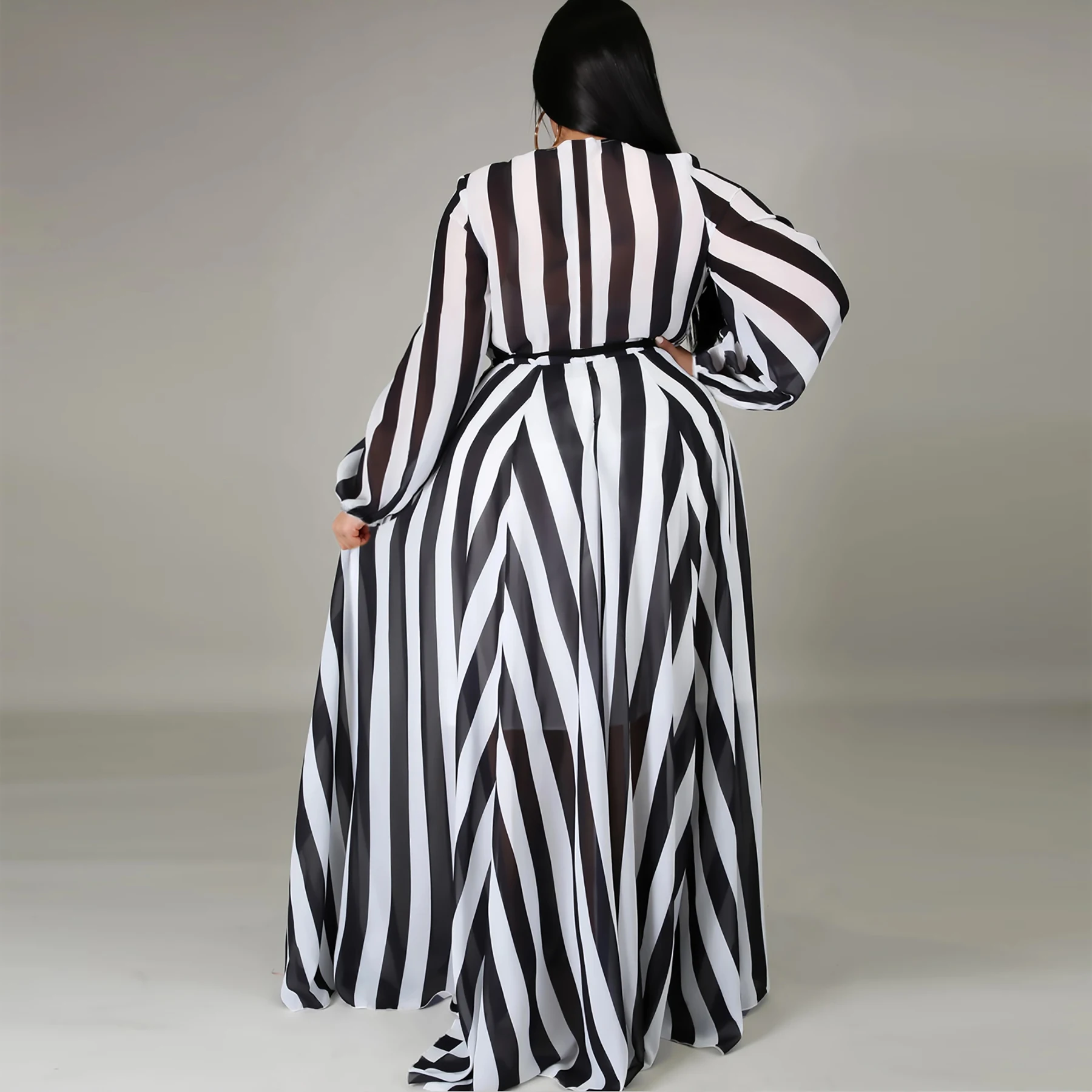 Plus Size Women's Fashion Striped Printed Sexy V-Neck Long Sleeve Broken Flower Beach Chiffon Dresses Swing Long Dresses