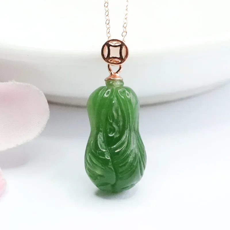 

Jia Le/Hand-Carved/925 Silver Inlaid Natural Hetian Jasper Cabbage Necklace Pendant Fine Jewelry Men Women Accessories Gifts