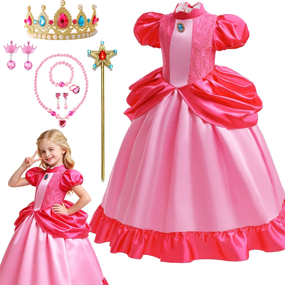 Girl Peach Dress up Lace Ball Gown Short Sleeve Long Dress Princess Costume Kid Cute Halloween Clothing Frock 2-10Y