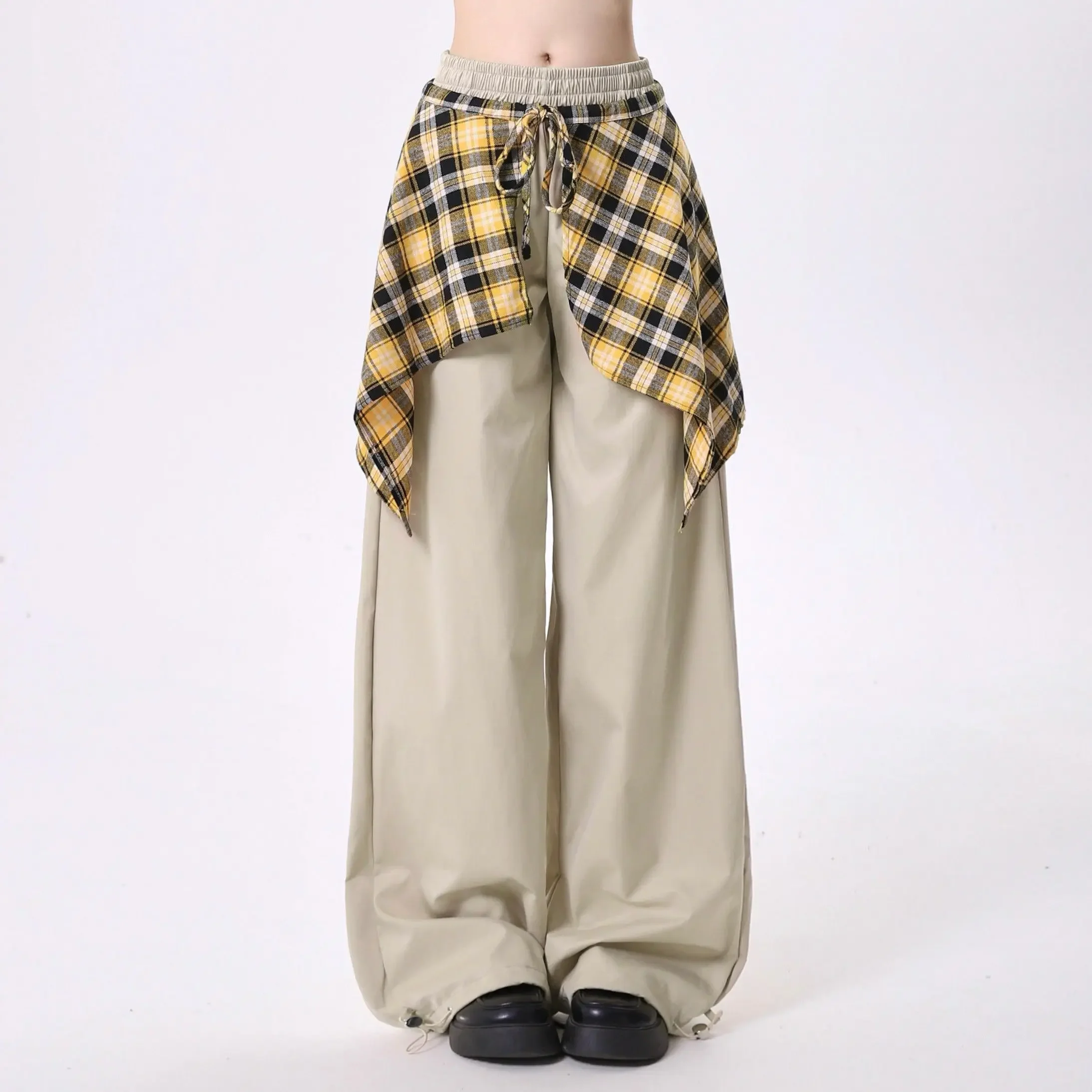 

American retro casual pants women's autumn fashion plaid skirt design loose plus size straight jazz hip-hop casual pants