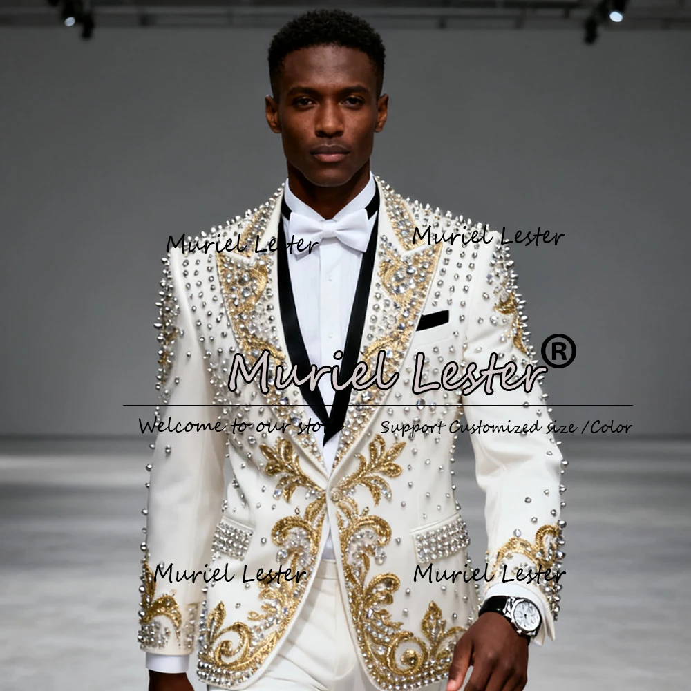 

Sparkling Beaded Stones Suits Men For Wedding 2 Pieces Sets Noched Lapel Prom Blazers Customized Groom Tuxedos Male Fashion Tuxe