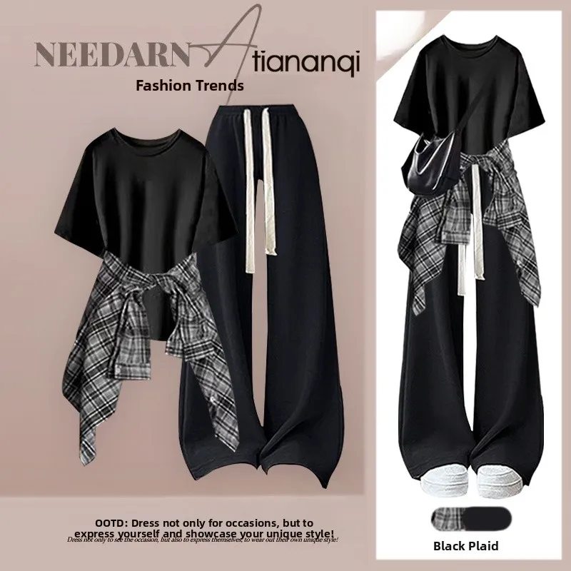 

Casual Summer 2026 Three-Piece Set Women's Loose Shirt Short Sleeve Wide Leg Pants Lazy Style Fashion Ensemble round Neck