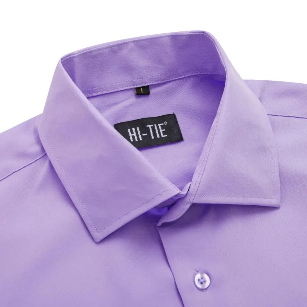 Hi-Tie Villet Lilac Purple Silk Mens Shirts Lapel Long Sleeve Suit Social Shirt Soft Breathable Elegant Male Wedding Business XL