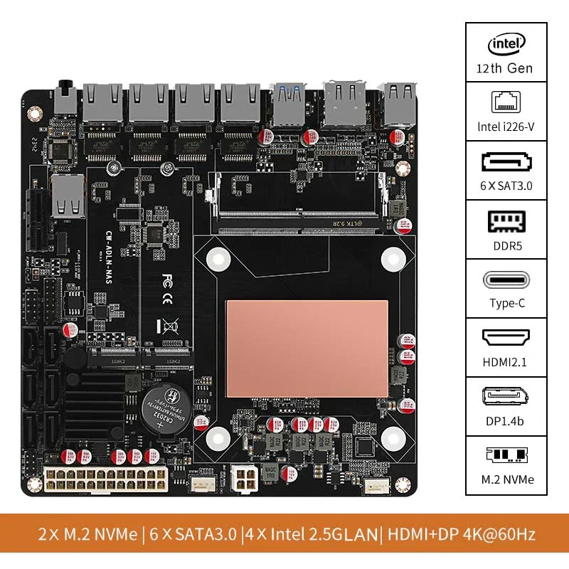 NAS Motherboard N100 N305 DDR5 NVME 4X Intel i226-V 2.5G LAN 17x17 Mini ITX board HD DP Dual Display Radiator Optional