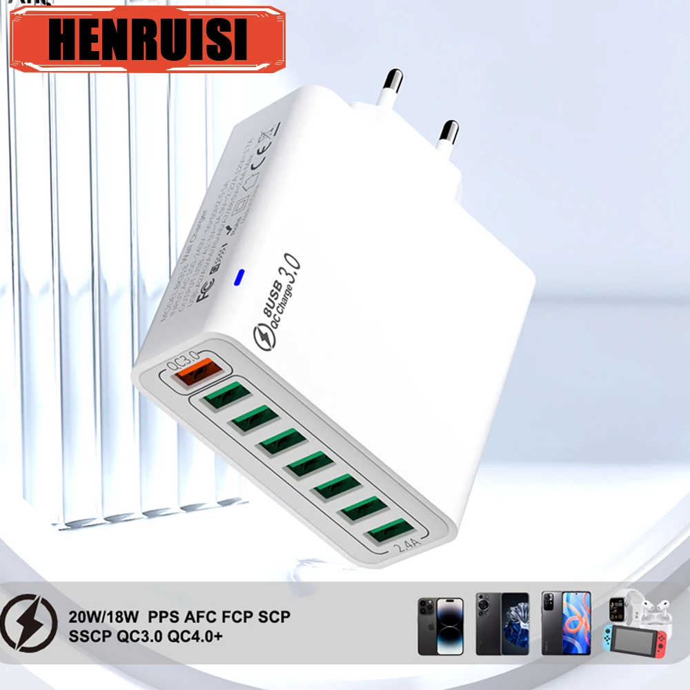 USB 65W Charger 8 Ports Fast Charging Charger Adapter For iPhone Samsung Xiaomi EU/US/KR Plug Quick Charge USB A Wall Charger