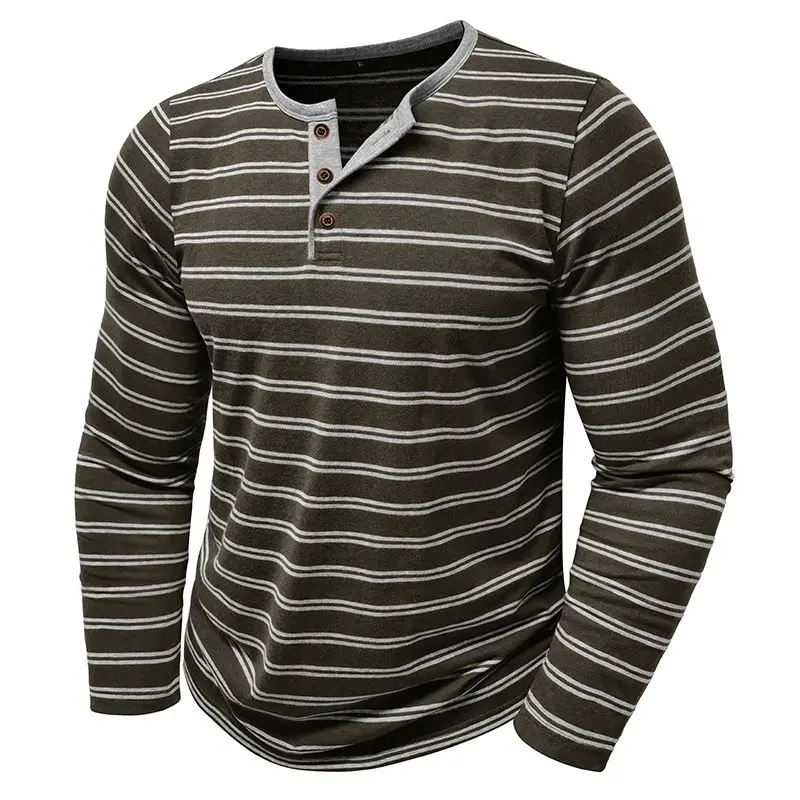 Autumn Men's Henley Collar Long Sleeved T-shirts Striped Casual Tops Button T Shirt Male Soft Comfy