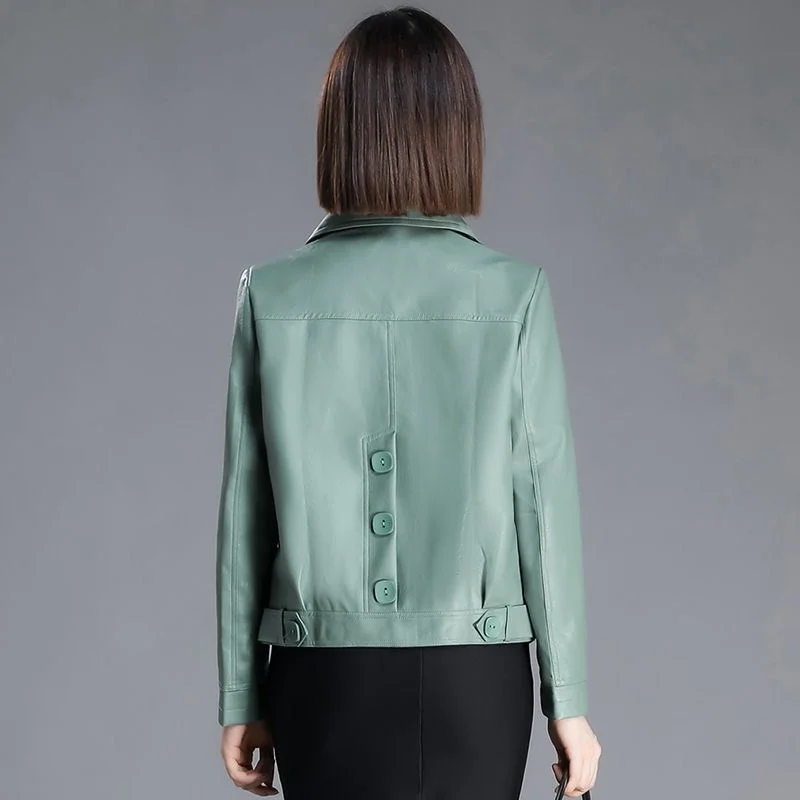 Pop-chaqueta de cuero PU para mujer, abrigo corto de cuero, ajustado, con botones y cuello vuelto, color verde, primavera y otoño