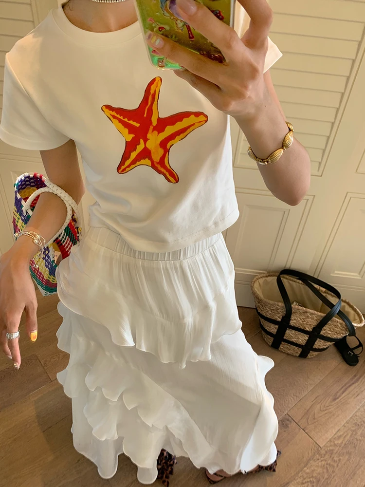 เสื้อยืดผู้หญิงลายพิมพ์ลำลองผ้าฝ้าย ดีไซน์ใหม่สุดฮิตประจำปี 2025 สีดำ