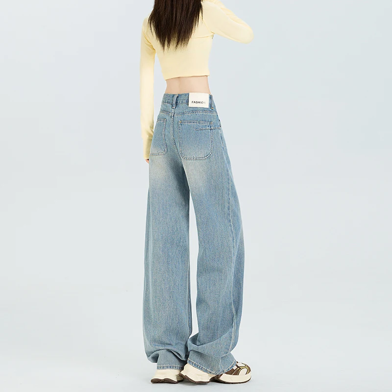 

2025New autumn denim blue high-waisted loose wide-leg jeans for women, slimming straight loose floor-length pants