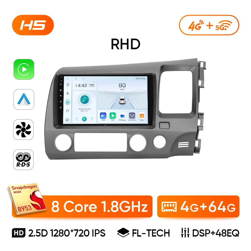 Ainavi autoradio voor Honda Civic 8e generatie (2005-2011) multimedia draadloos CarPlay Android Auto