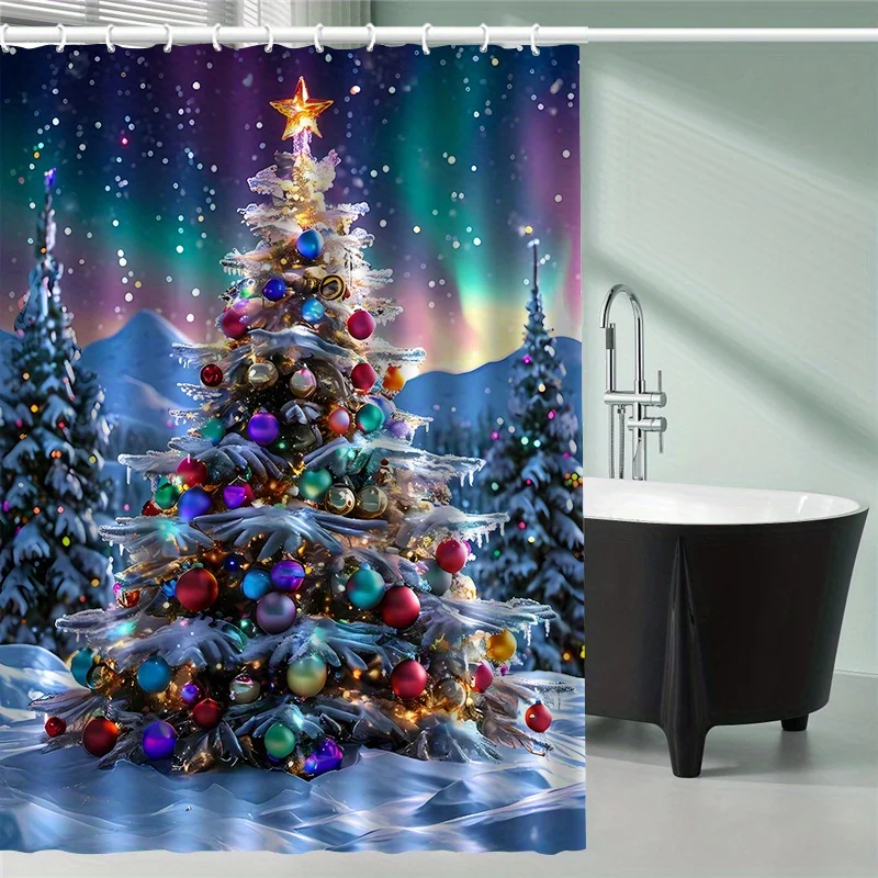 

Enchanted Christmas Shower Curtain, Waterproof & Decorative for Festive Bathroom Glowing Tree with Ornaments and Northern Lights