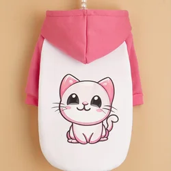 Pet clothes dog cat hooded sweatshirt with velvet warm and comfortable white stitching pink clothes with prints Simple and gener