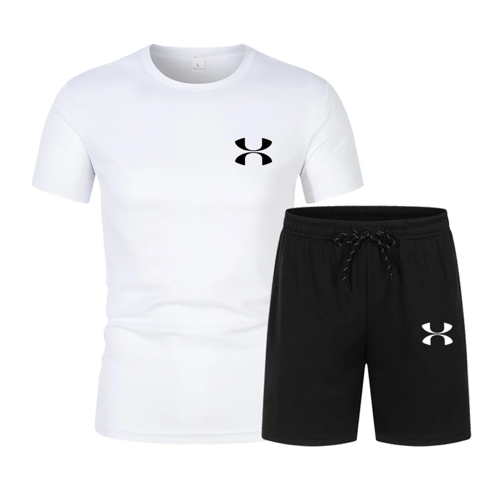 2024 New Trendy Business Summer Men\'s Sports Set Casual Fitness Jogging Basketball Fashion Short Sleeve T-shirt + Shorts 2 Sets