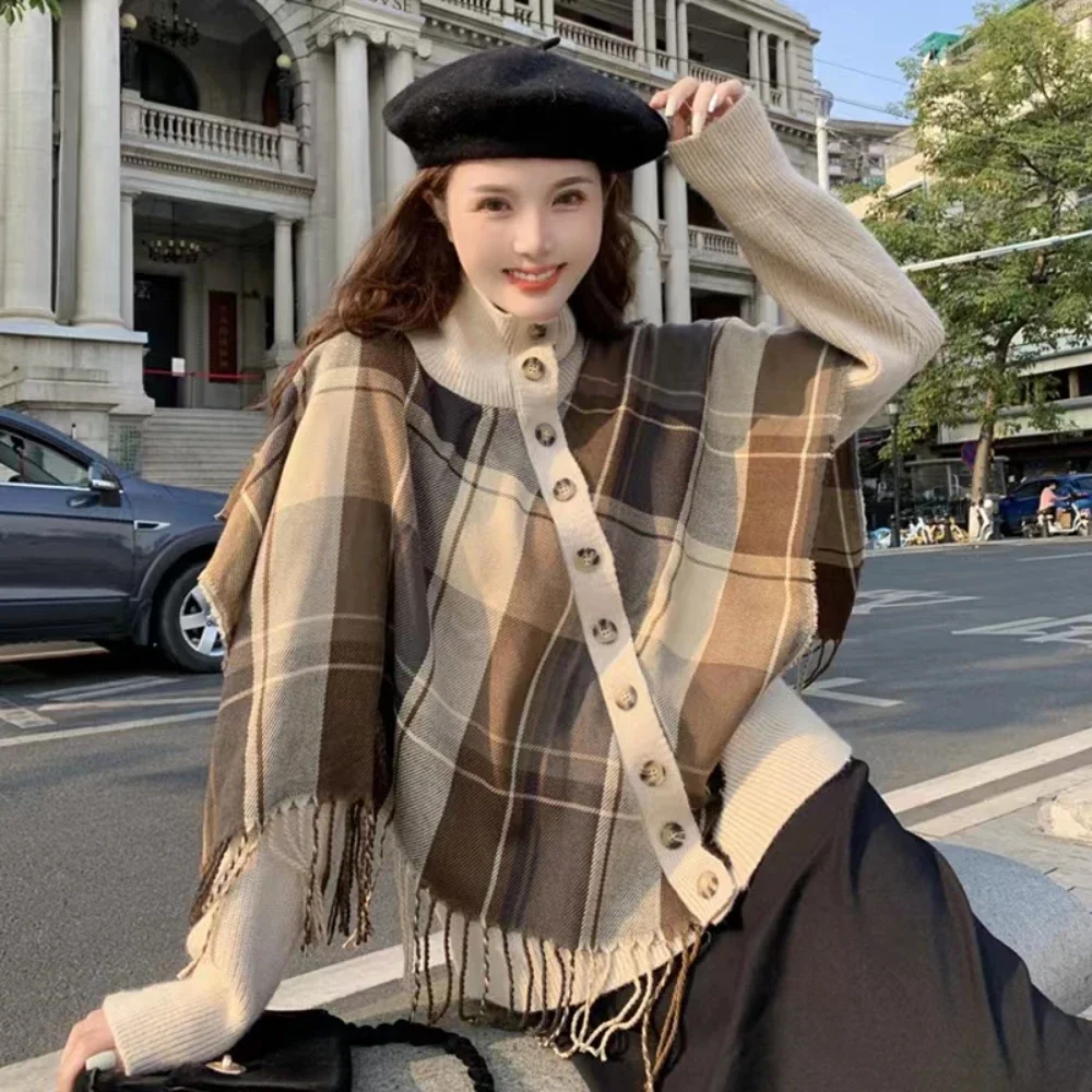 2023 winter fashion cardigan wool plaid fringed shawl one piece set high neck sweater for women turtleneck woman streetwear