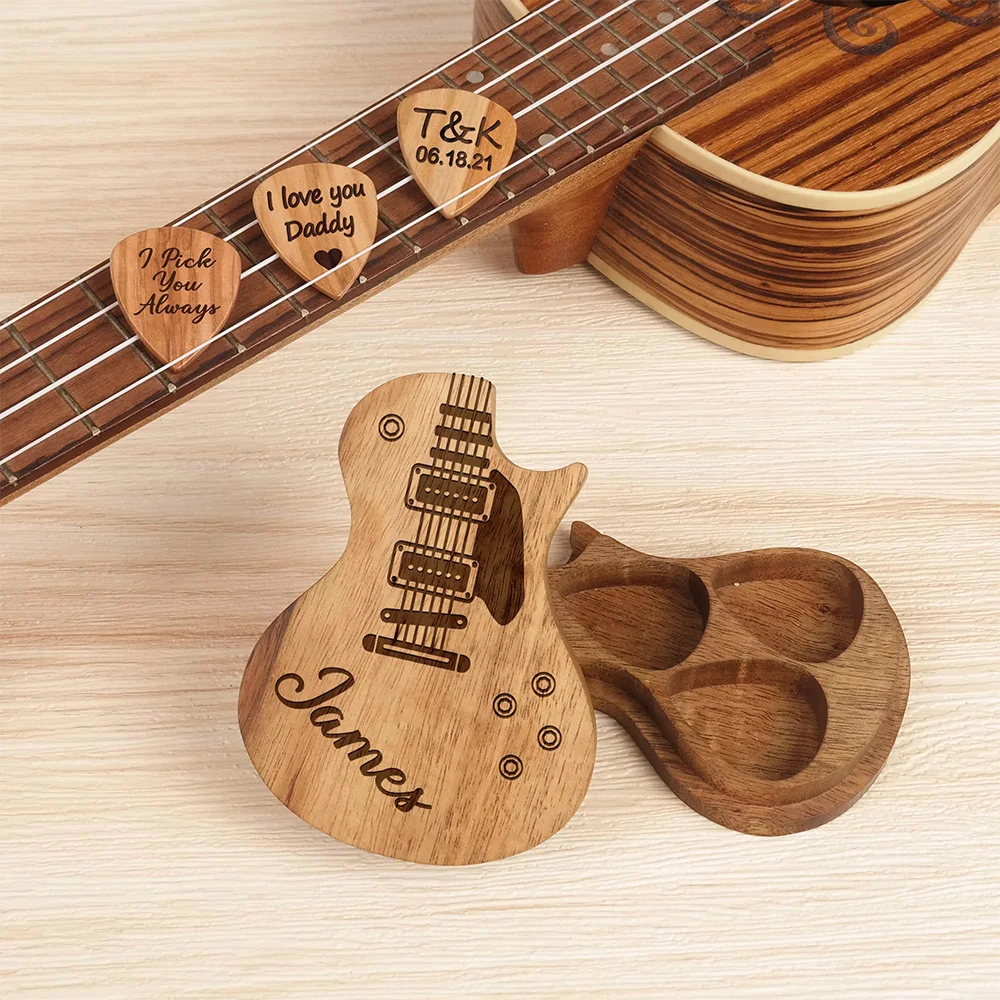 

Custom Guitar Picks With Box Wooden Storage Personalized Plectrum Case Gift for Man Guitar Pick Holder Wedding Groomsman Favours