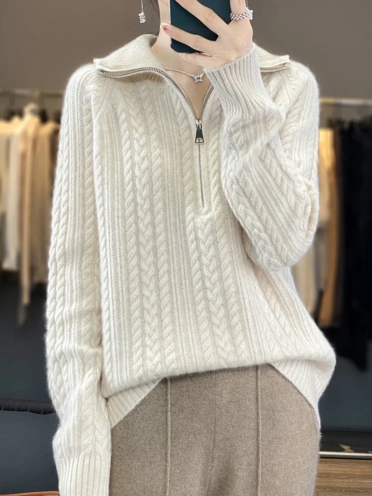 

Zipped Camere Sweater Women's Loose Thiened Wool Knitted High Collar Twist Flower Sweater Commute Sle Autumn Winter Warmth