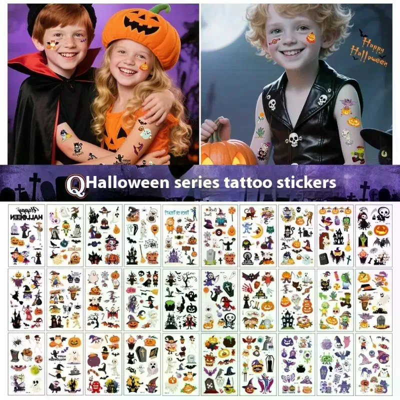 10/30 عبوة من ملصقات الوشم المزيفة للهالوين تتميز بالقرع والشبح والخفافيش؛ مقاومة للماء ومثالية لحفلات الأطفال