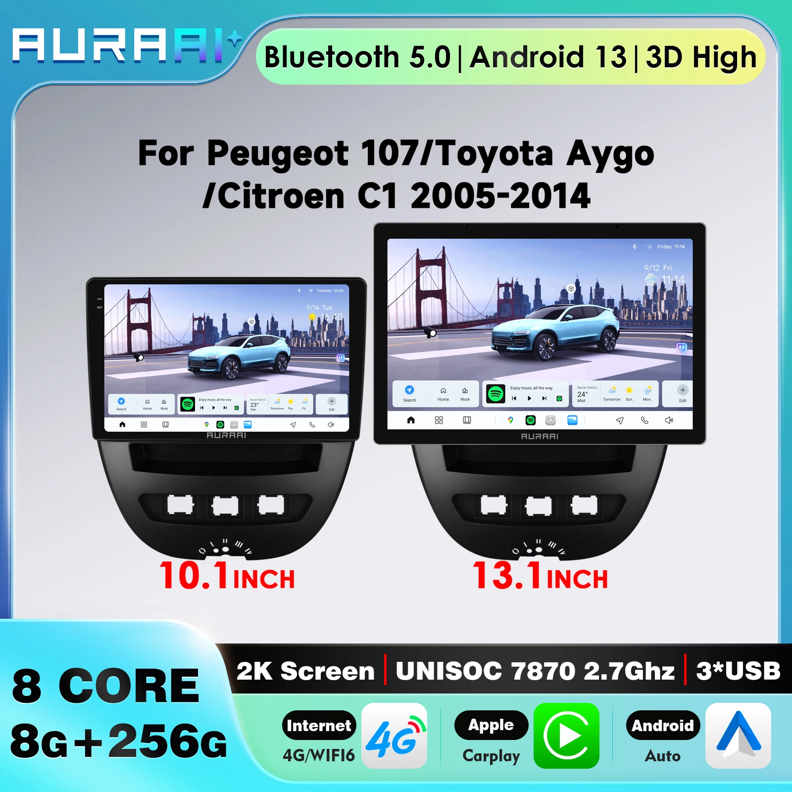 HIZPO Android for Peugeot 107 Toyota Aygo Citroen C1 Car Radio Wireless CarPlay Android Auto Touch Screen Stereo RDS 360camera
