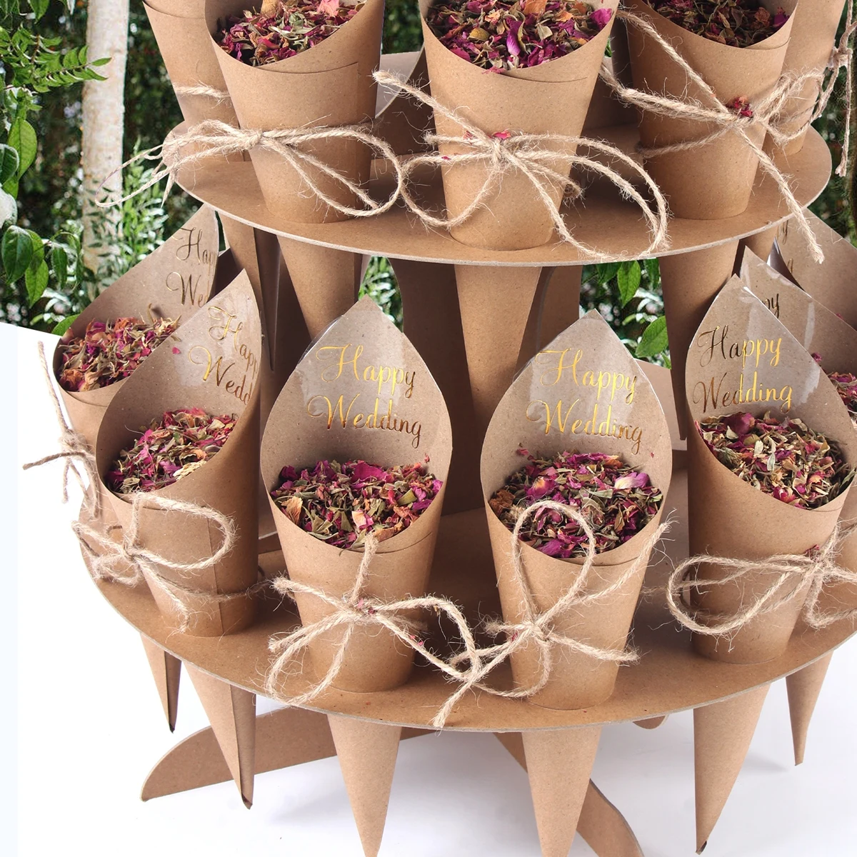 Wedding Confetti Cones Rose Flower Confetti Tray Rustic Wedding Decoration Kraft Paper Wedding Cones Stand Holder Support