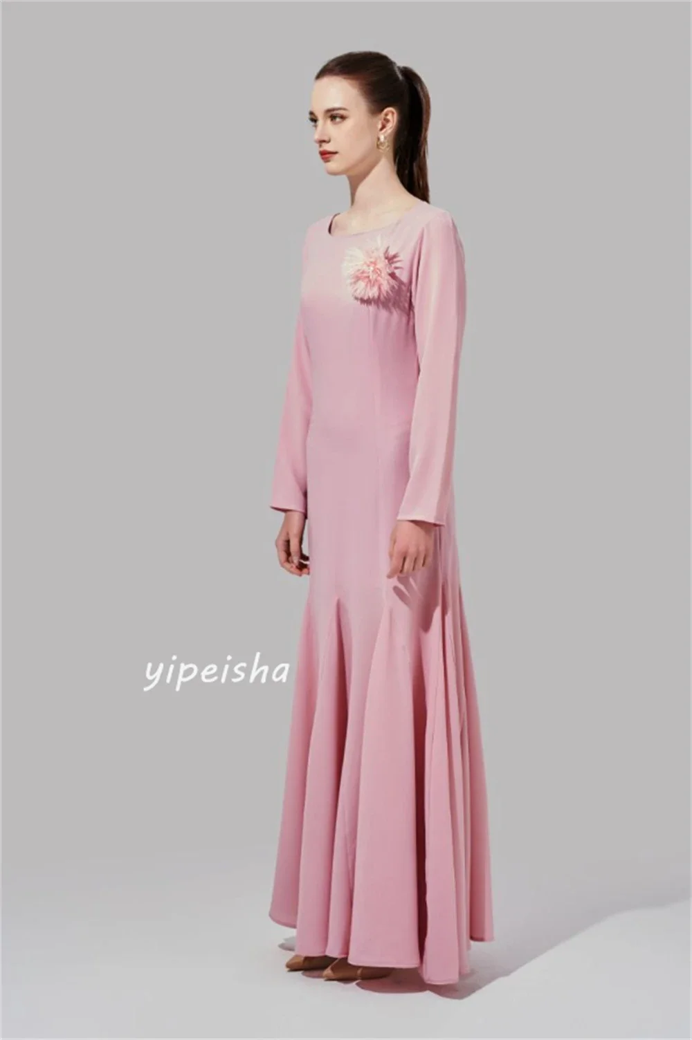 Baju pesta, Jersey bunga, pesta Ruched, kerah O, baju acara, baju Midi