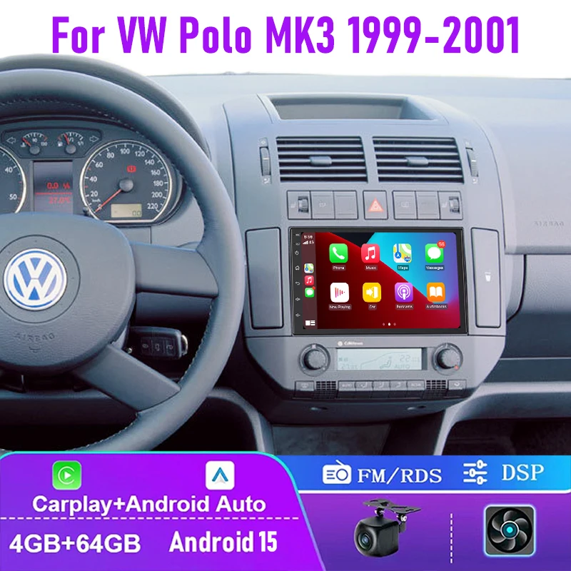 7 "4 + 64GB لشركة فولكس فاجن بولو MK3 1999-2001 راديو السيارة Carplay أندرويد 15 التحكم التلقائي في عجلة القيادة 2DIN GPS نافي جوجل خريطة