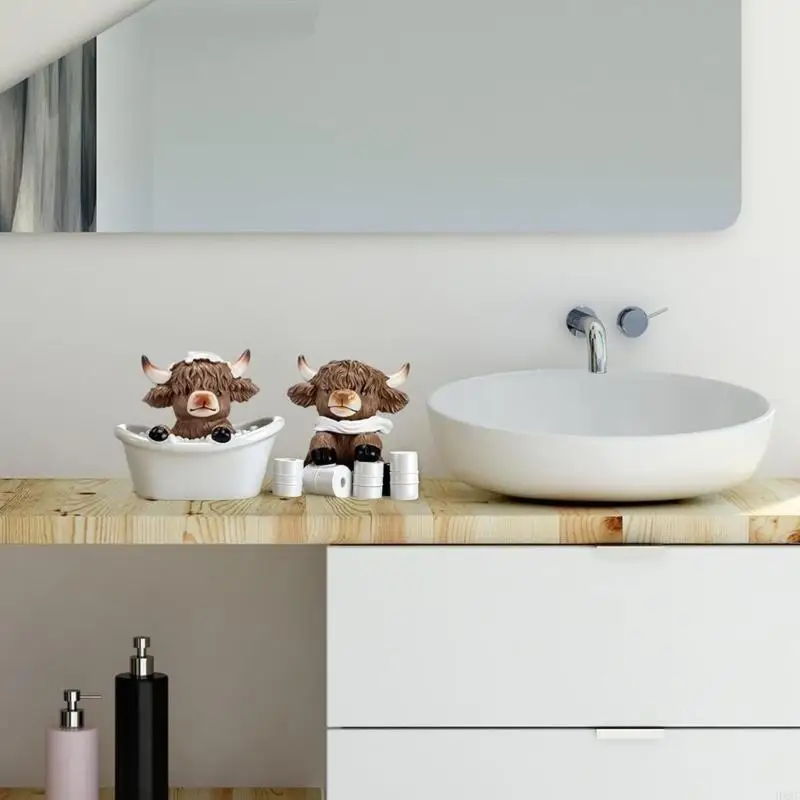 3Pcs Decorative Resin High Land Cow Figurines Set Home Bathroom Animal Ornaments HX6C